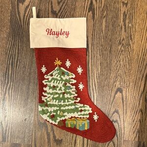 Pottery Barn Red and Cream Christmas Stocking with Tree and Gifts - Hayley
